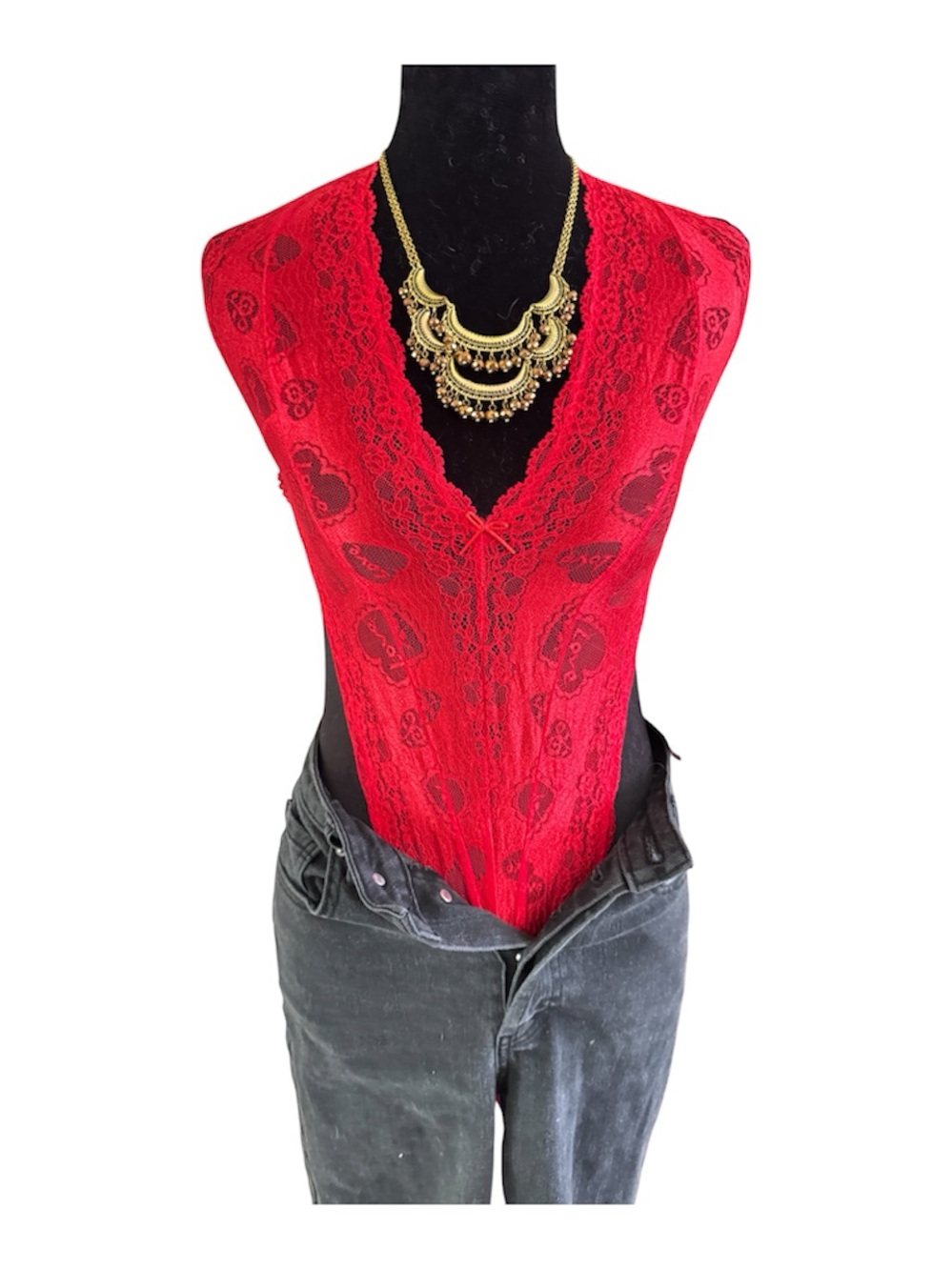 Savage X Fenty Red Lace V-Neck Bodysuit